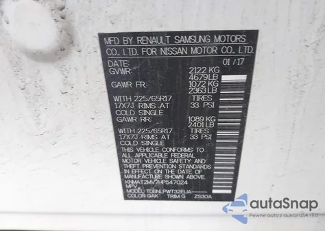 2017 Nissan Rogue S/Sv z USA, uszkodzony, nr VIN KNMAT2MV7HP547024